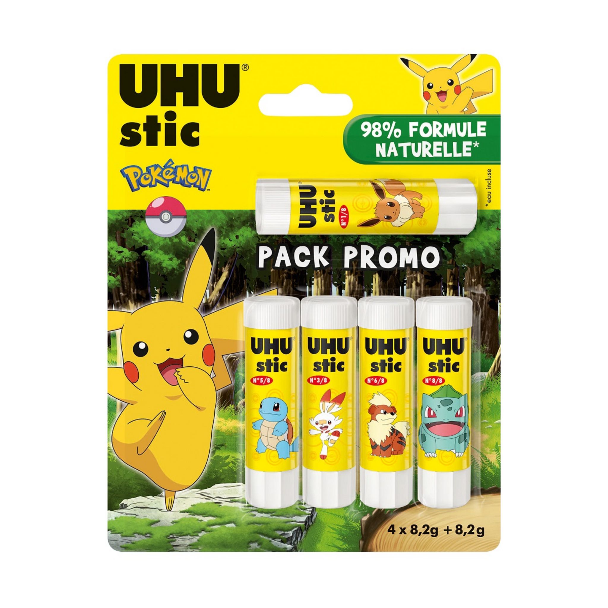 UHU Lot de 4 bâtons de colle +1 gratuit 8.2g Pokemon pas cher
