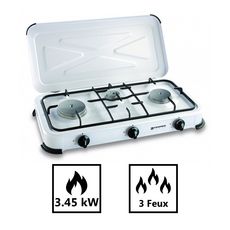 Réchaud gaz portable 3 feux 3450W Blanc laqué Couvercle Plaque de cuisson KEMPER