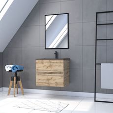Meuble salle de bain 60 x 80cm - Finition chene naturel + vasque noire + miroir - TIMBER 60 - Pack07