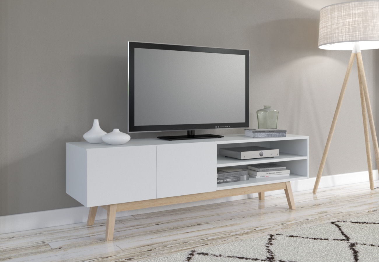 Meuble TV scandinave SNOW L160cm, piètement bois massif pas cher 