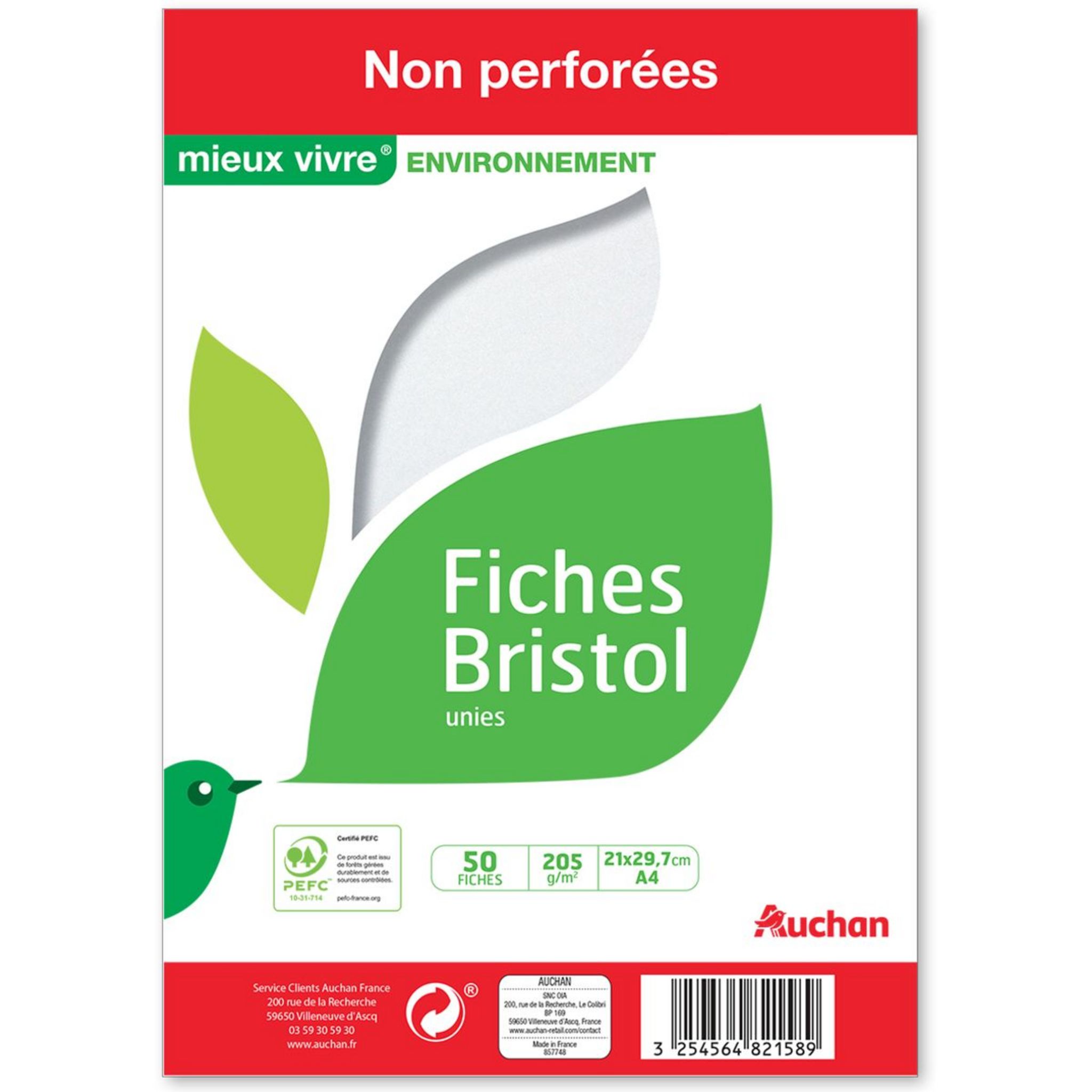 AUCHAN Lot de 50 fiches Bristol unies non perforées A4 205g pas cher 