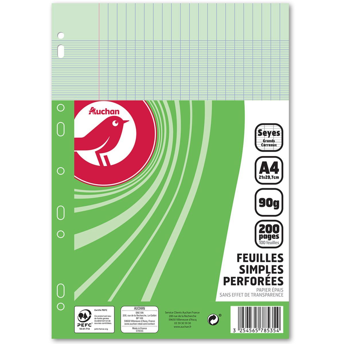 100 Feuilles Simples Jaunes Perforées Grands Carreaux 21x29,7 / 90g / 200  pages