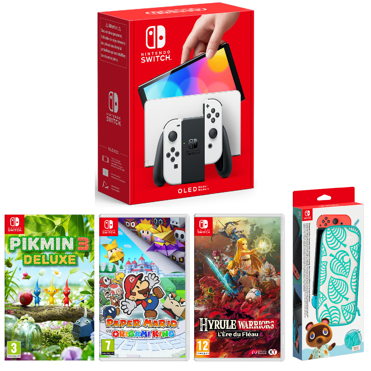 NINTENDO Console Nintendo Switch OLED Blanche + Pikmin 3 + Paper Mario: The  Origami King + Hyrule Warriors: L'ère du Fléau + Pochette de transport et  protection d'écran Animal Crossing Nintendo Switch