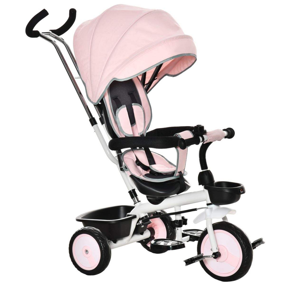 HOMCOM Tricycle enfant évolutif - pare-soleil, canne télescopique amovible  - siège pivotant, harnais, arceau sécurité - repose-pied - 2 paniers  rangement - métal PP polyester rose pas cher 