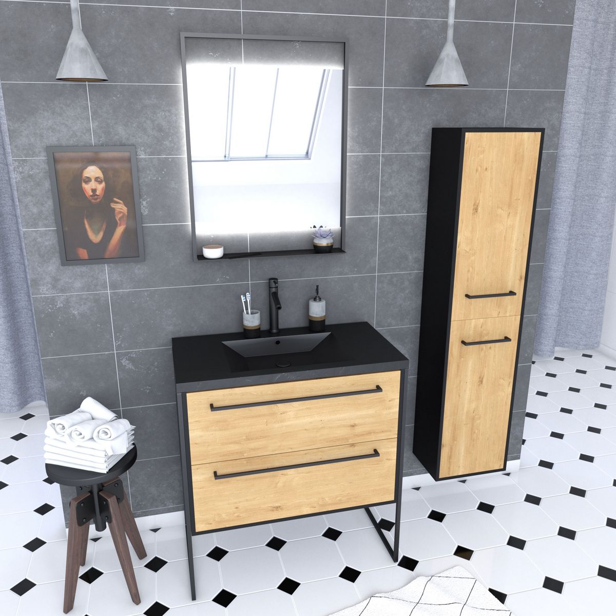 Aurlane Ensemble Meuble de salle de bain 80cm + vasque noir effet pierre + miroir led + colonne