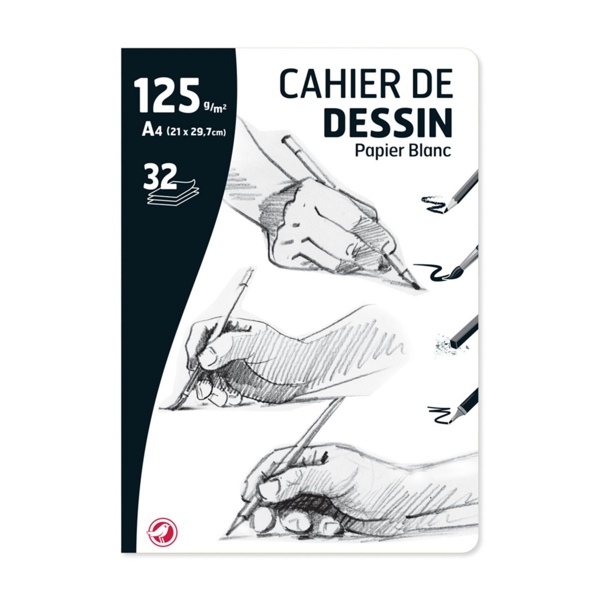 AUCHAN Cahier de papier à dessin 32 feuilles A4 32 pages 125g/m2 blanc uni  pas cher 