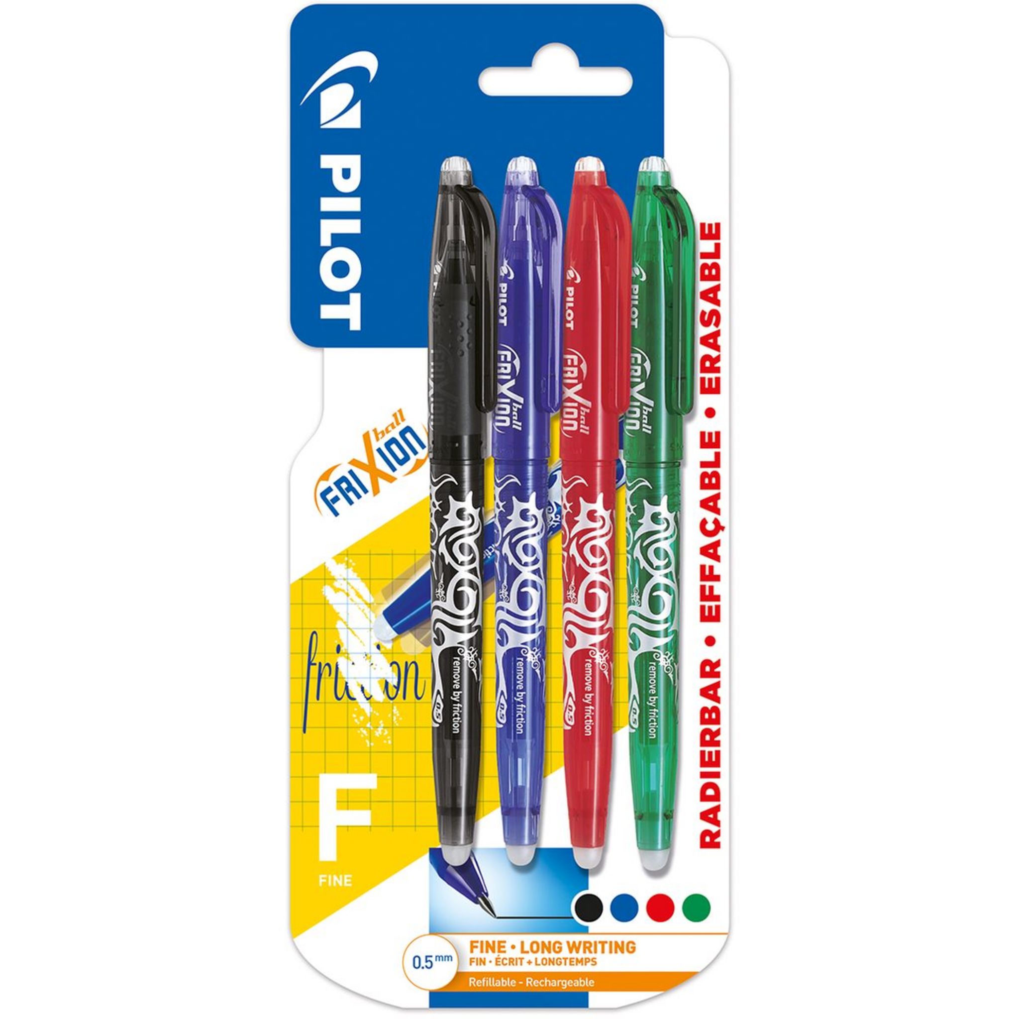 PILOT Lot de 4 stylos roller gel effaçable pointe fine FriXion Ball  noir/bleu/rouge/vert pas cher 