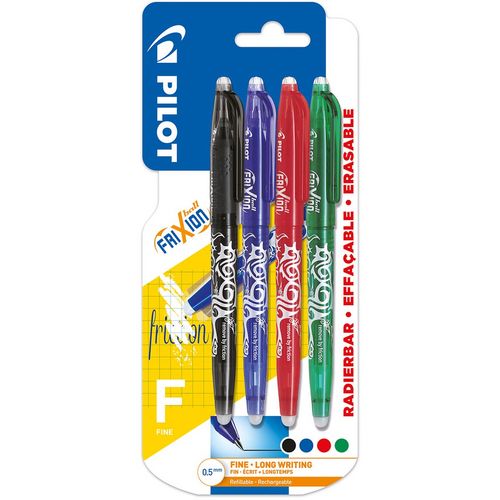 Lot de 4 stylos roller gel effaçable pointe fine FriXion Ball noir/bleu/rouge/vert