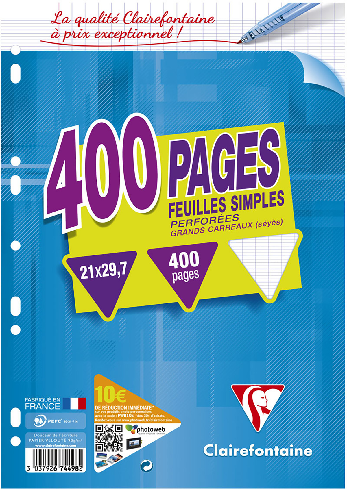 AUCHAN Feuilles simples 400 pages 21x29.7cm grands carreaux Seyes couleurs  assorties perforées pas cher 