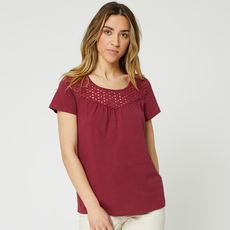 IN EXTENSO T-shirt manches courtes violet motifs brodés femme (Rose framboise)