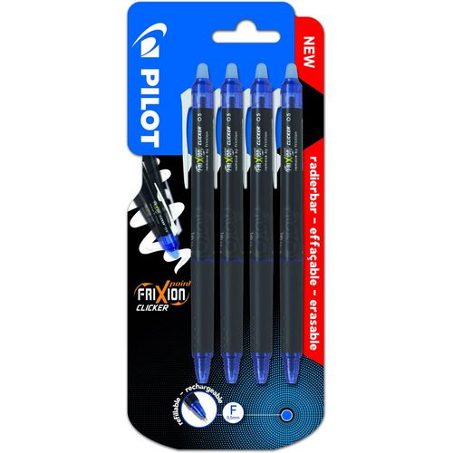 Lot de 4 stylos bille effaçable rechargeable pointe fine Frixion Clicker bleu