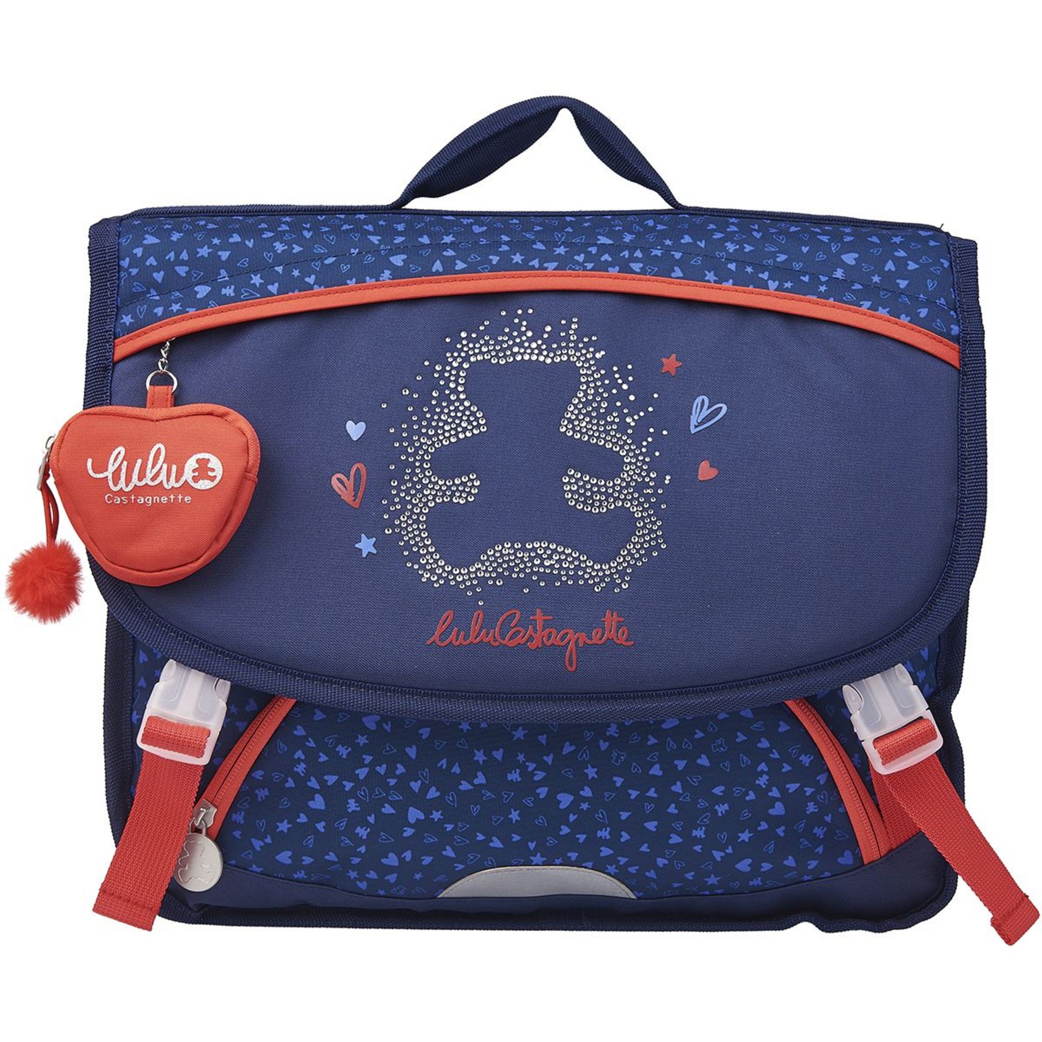 LULU CASTAGNETTE Cartable 38 cm CP CE1 CE2 bleu et rouge paillettes coeurs imprime OURS pas cher Auchan