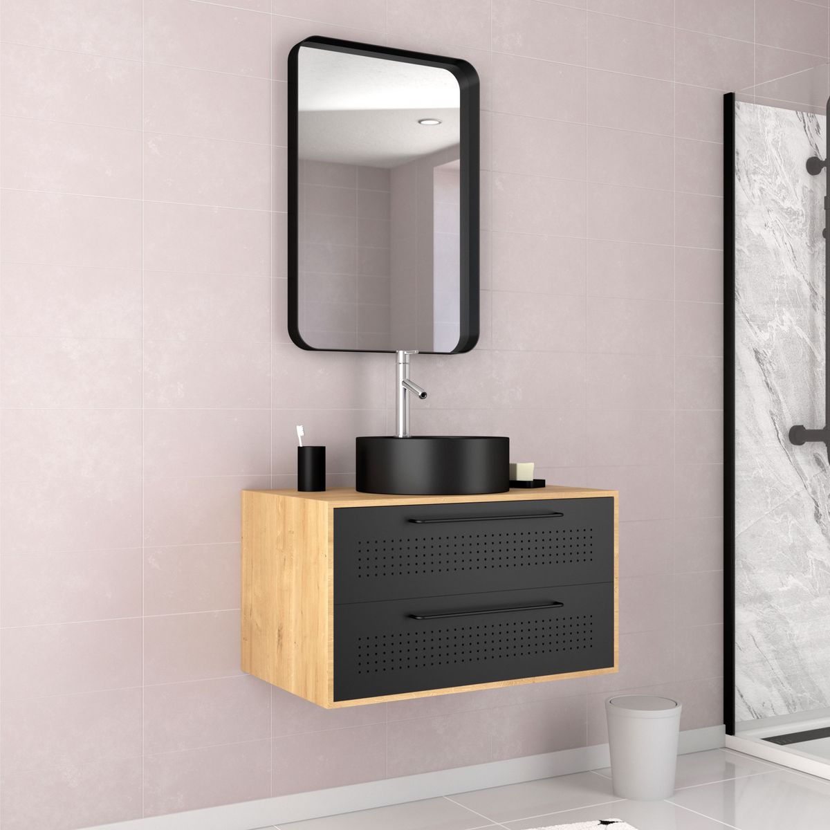 Aurlane Meuble de salle de bain - 80x45x53cm finition chêne naturel + 2 tiroirs noir mat + vasque noir mat