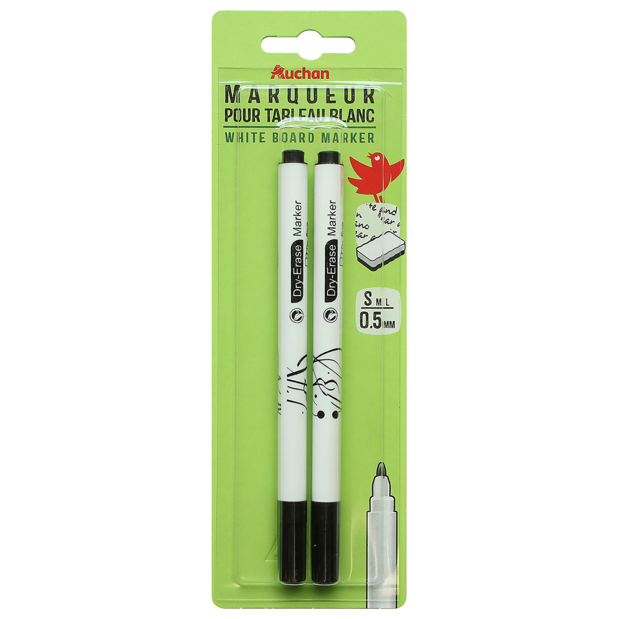 AUCHAN Lot de 2 marqueurs pour tableau blanc effaçables pointes fines noirs  pas cher 