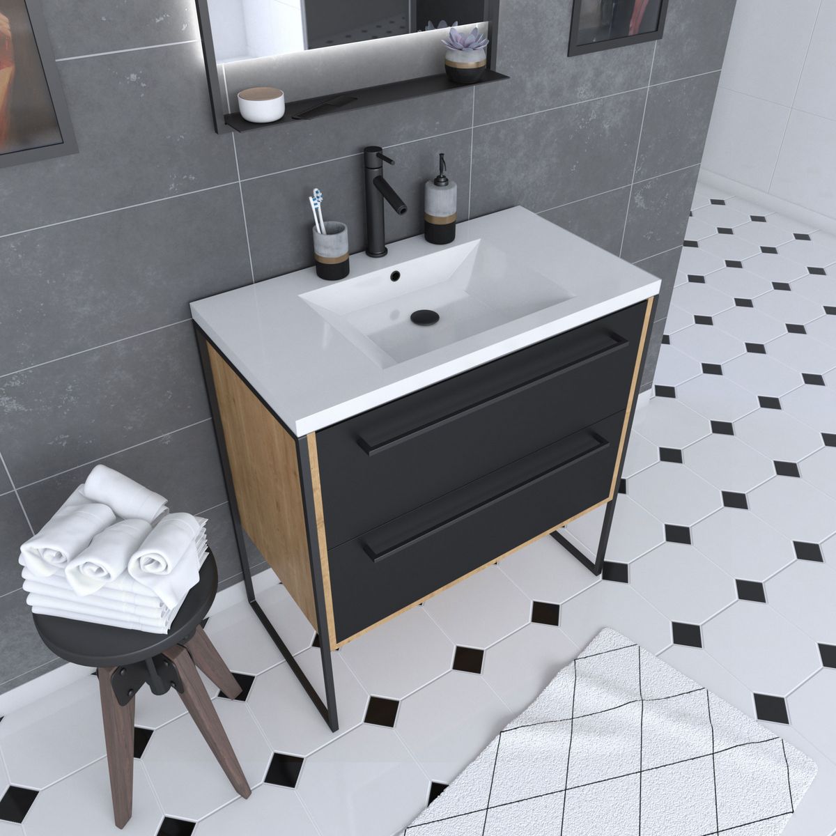 Aurlane Meuble de salle de bain 80x50cm - vasque blanche 80x50cm - 2 tiroirs noir mat