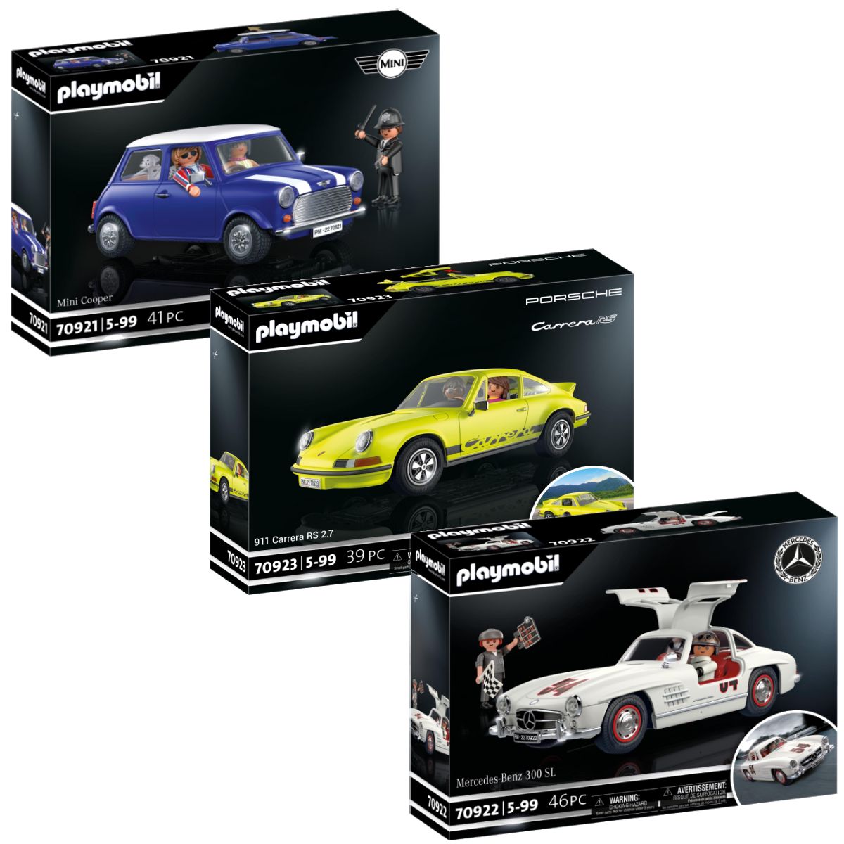 Pack Voitures Mini Cooper + Mercedes Benz 300SL + Porsche 911 Carrera  Playmobil