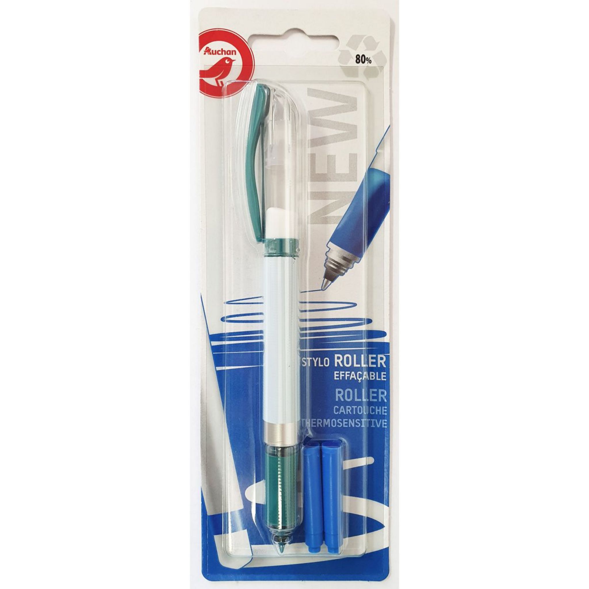 Stylo roller effaçable bleu + 3 cartouches bleues CARREFOUR