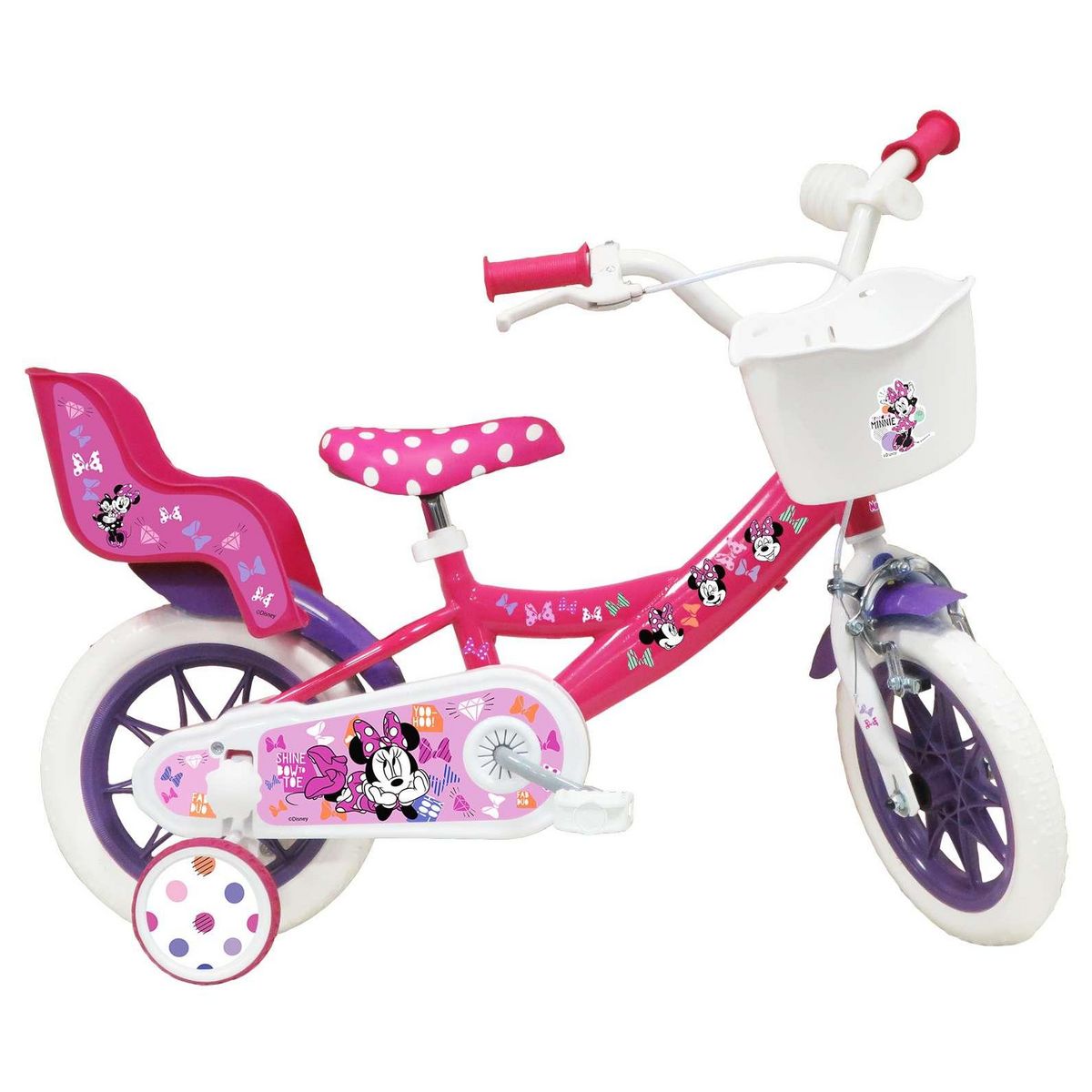 Vélo 12 Fille Licence Minnie pour enfant de 3 à 5 ans avec stabilisateurs à  molettes - 1 frein