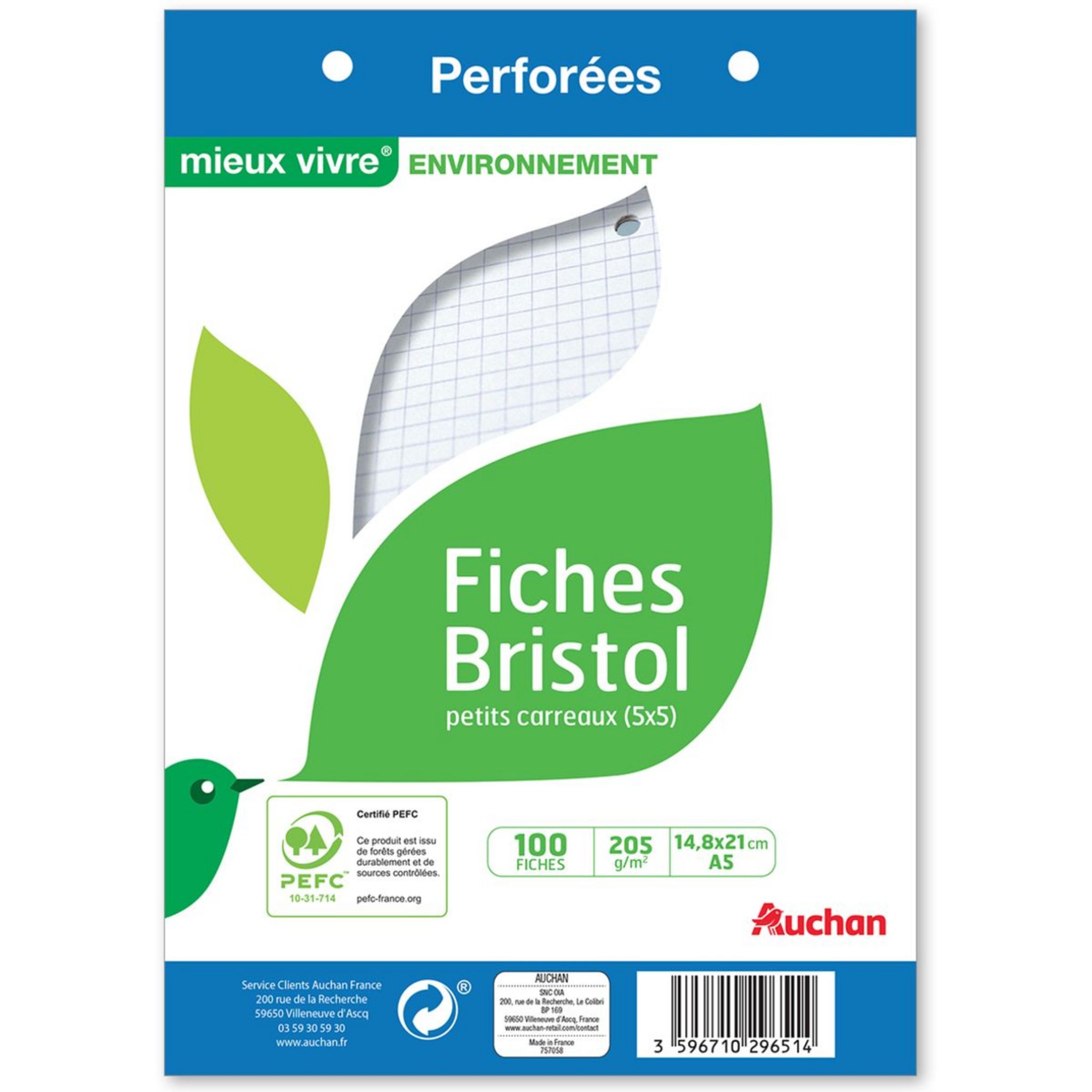 AUCHAN Lot de 100 fiches bristol 10x15cm petits carreaux 5x5