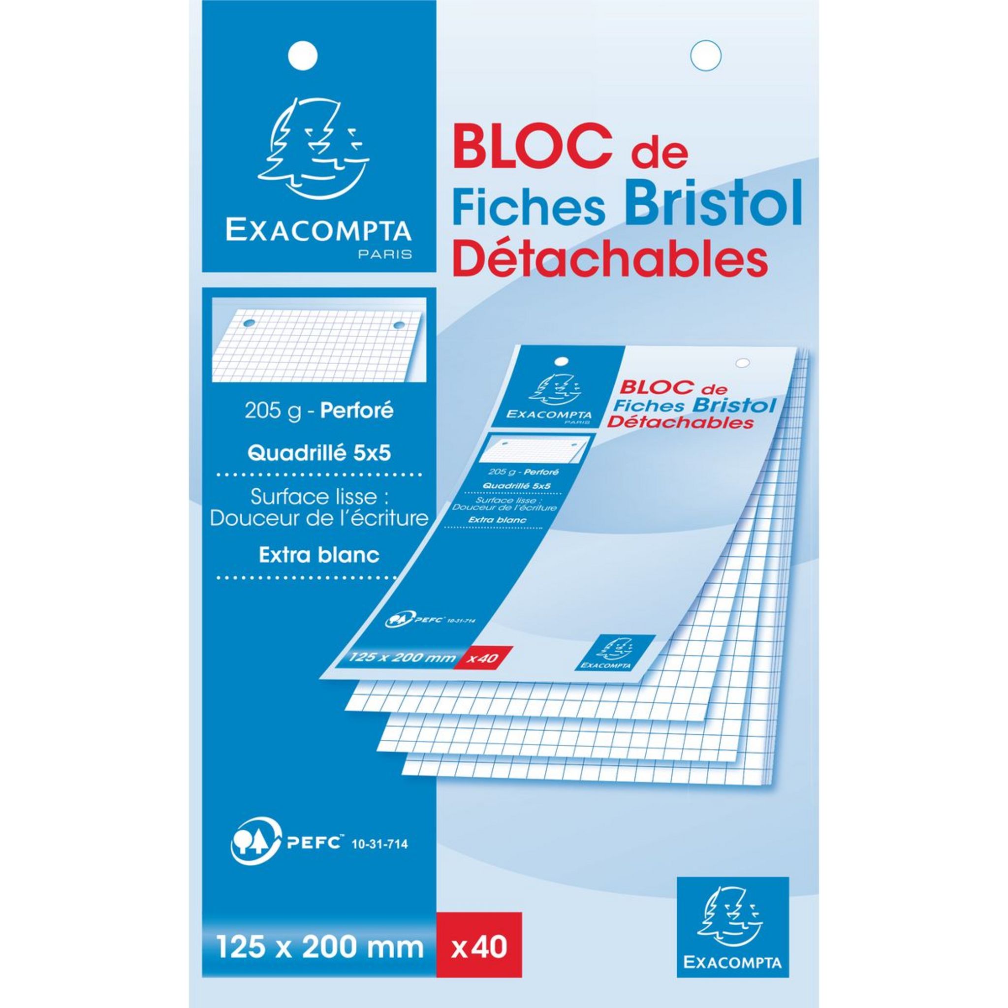 50 fiches bristol A5 perforées blanches petits carreaux : Chez