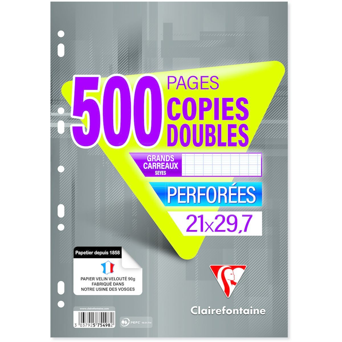 CLAIREFONTAINE Copies doubles 500 pages 21x29,7cm grands carreaux Seyes  perforées pas cher 