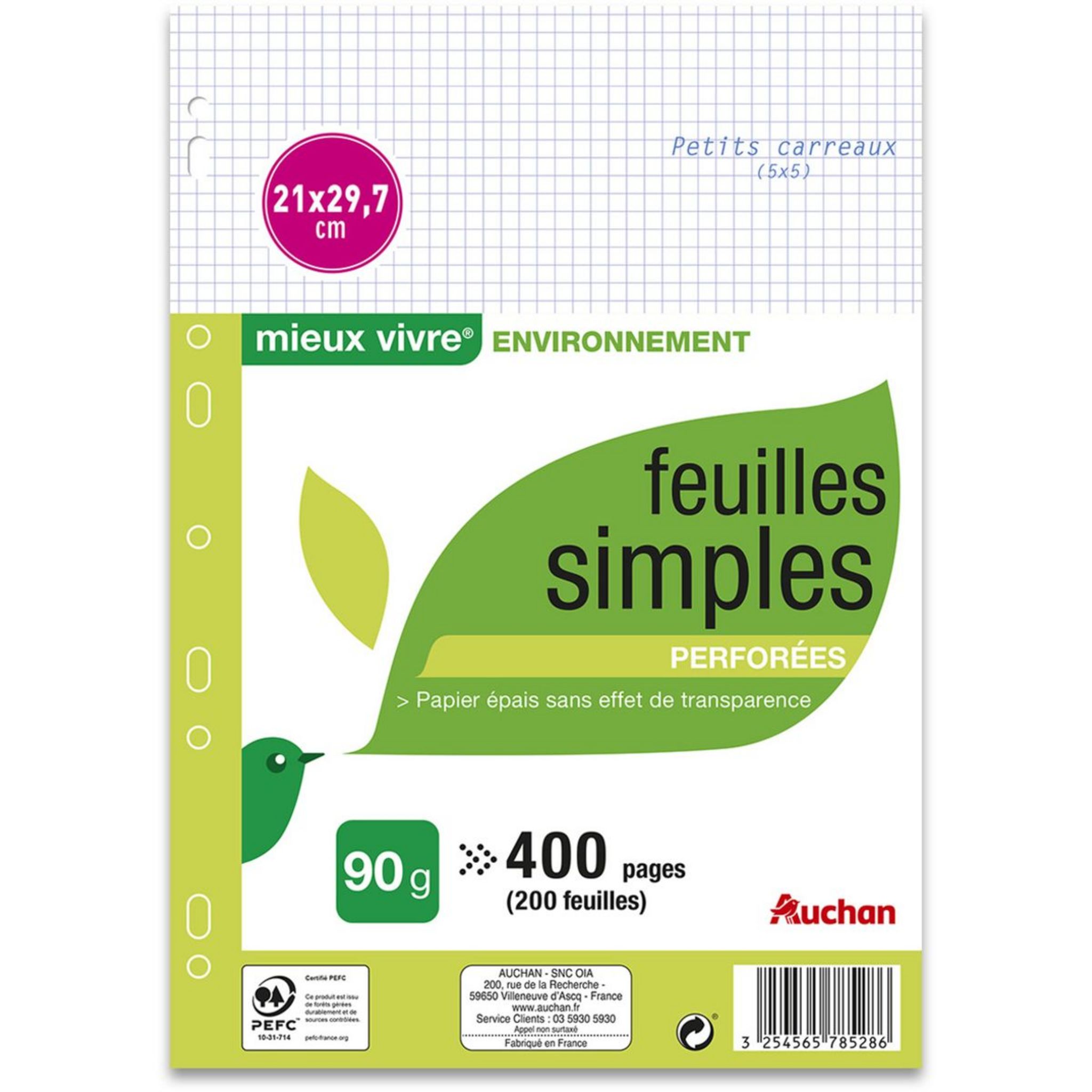 Sachet de 100 pages copies simples grand format A4 petits carreaux 5x5 70g  perforées