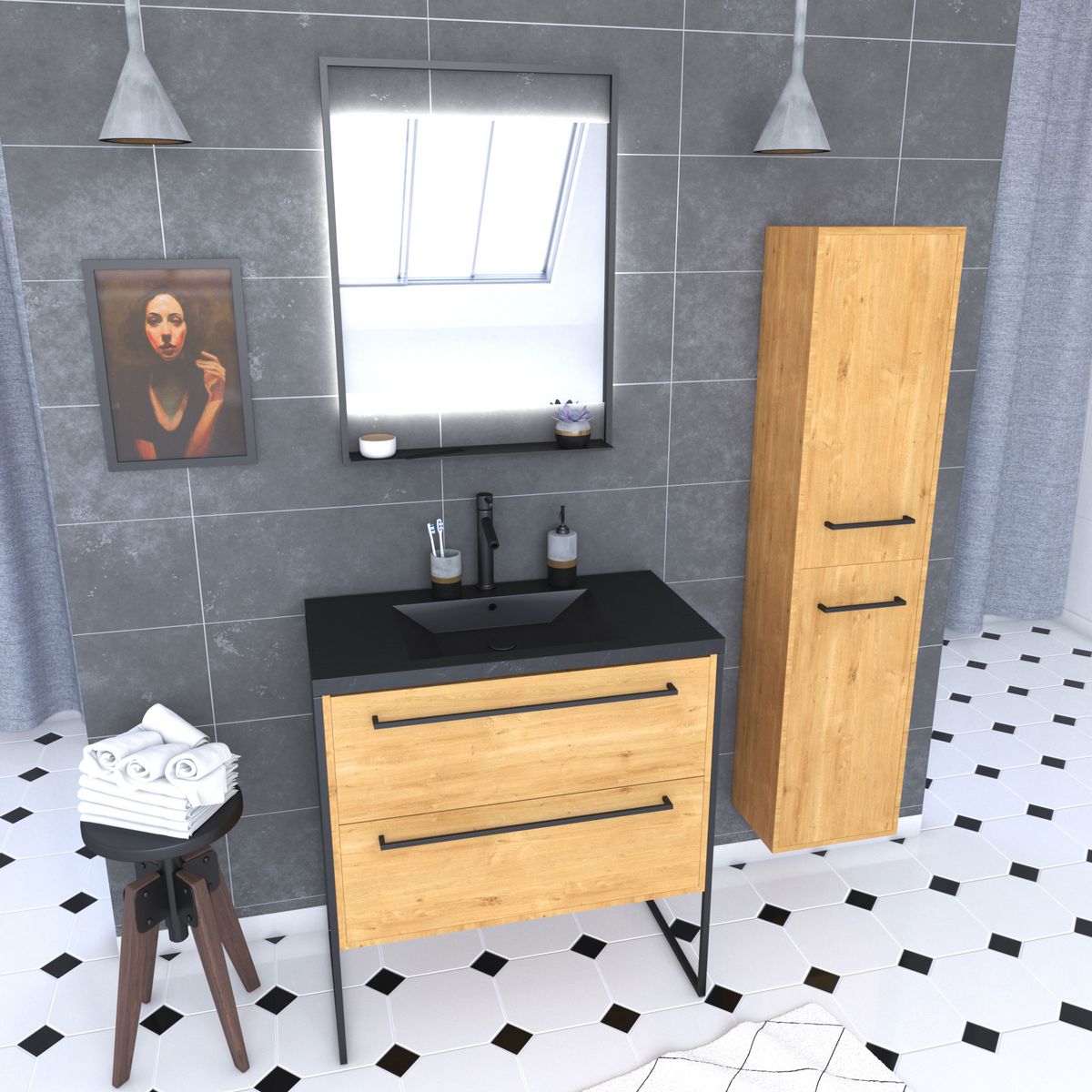 Aurlane Meuble de salle de bain 80x50cm - tiroirs chêne brun - vasque noire effet pierre - colonne - miroir