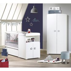 Baby Price Ensemble Lit Bebe Combine 60x1 Cm Evolutif En 90x190 Cm Armoire New Basic Boutons Etoile Gris Pas Cher A Prix Auchan