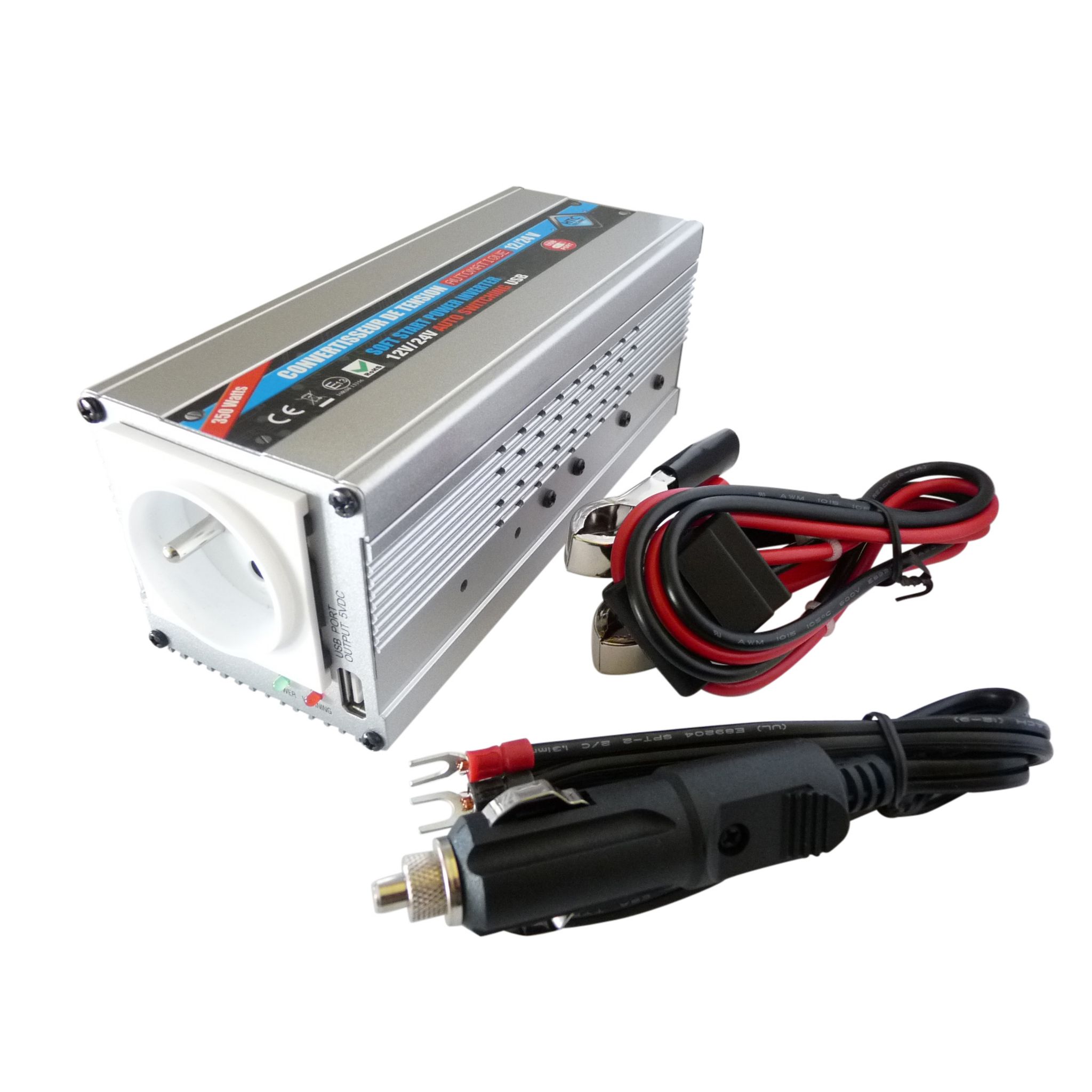 Convertisseur de tension automatique 12-24V / 220V - 350W avec prise USB  0.5 A pas cher 