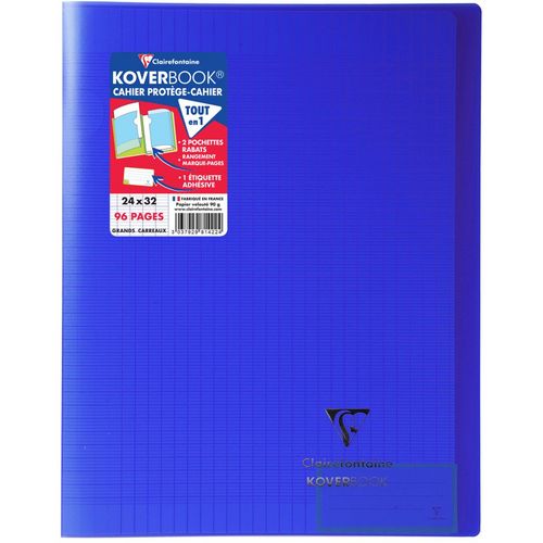Cahier piqué polypro Koverbook 24x32cm 96 pages grands carreaux Seyes bleu marine transparent