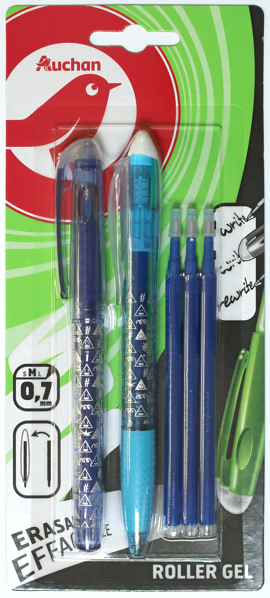 AUCHAN Lot de 2 stylos billes effaçables encre bleue dont 1 retractable + 3  recharges bleues pas cher 