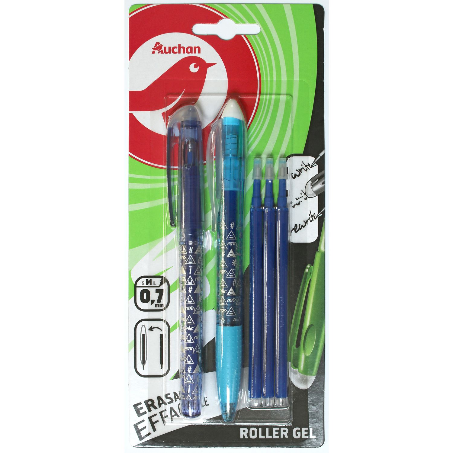 AUCHAN Lot de 2 stylos billes effaçables encre bleue dont 1 retractable + 3  recharges bleues pas cher 