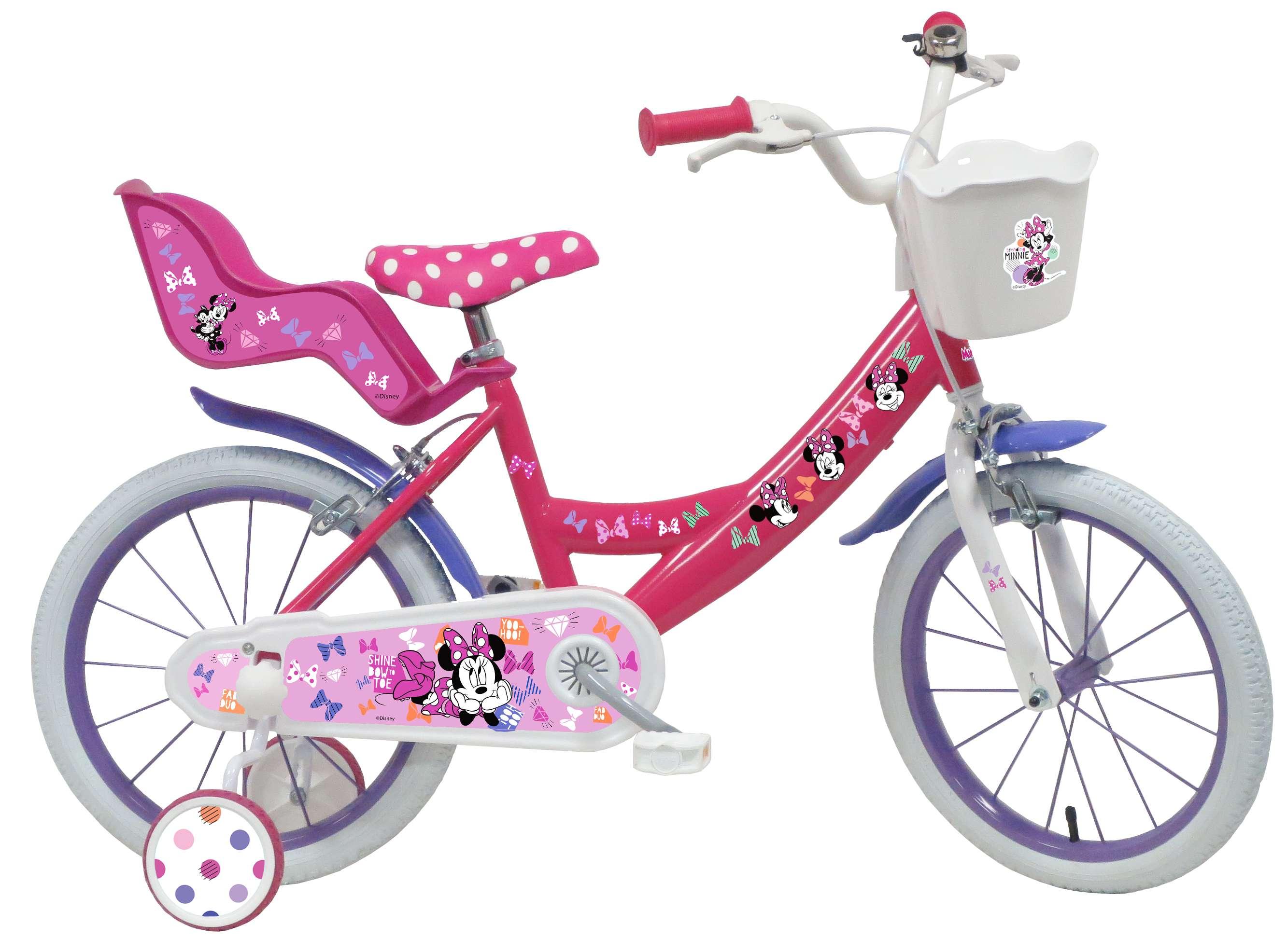 Disney Minnie Velo 16 Fille Licence Minnie pour enfant de 105 120 cm avec stabilisateurs a molettes Panier avant Porte poupee arriere 2 freins pas cher Auchan