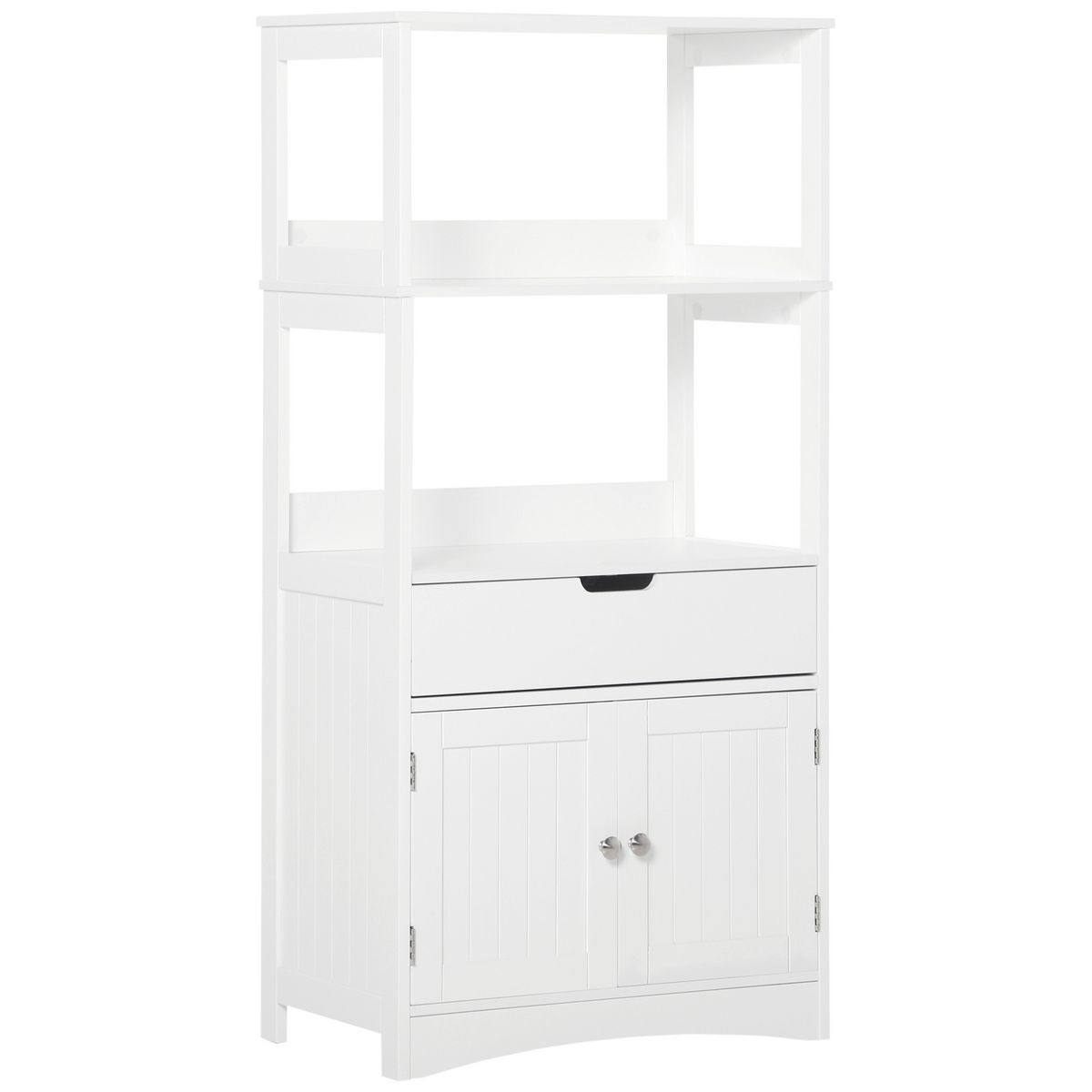 KLEANKIN Meuble de rangement salle de bain - 2 portes, tiroir, 3 étagères -  dim. 60L x 33l x 122H cm - MDF blanc pas cher 