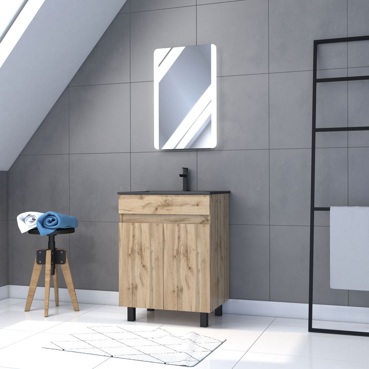 Aurlane Meuble salle de bain 60x80 - Finition chene naturel - vasque noire + miroir Led - TIMBER 60 - Pack02