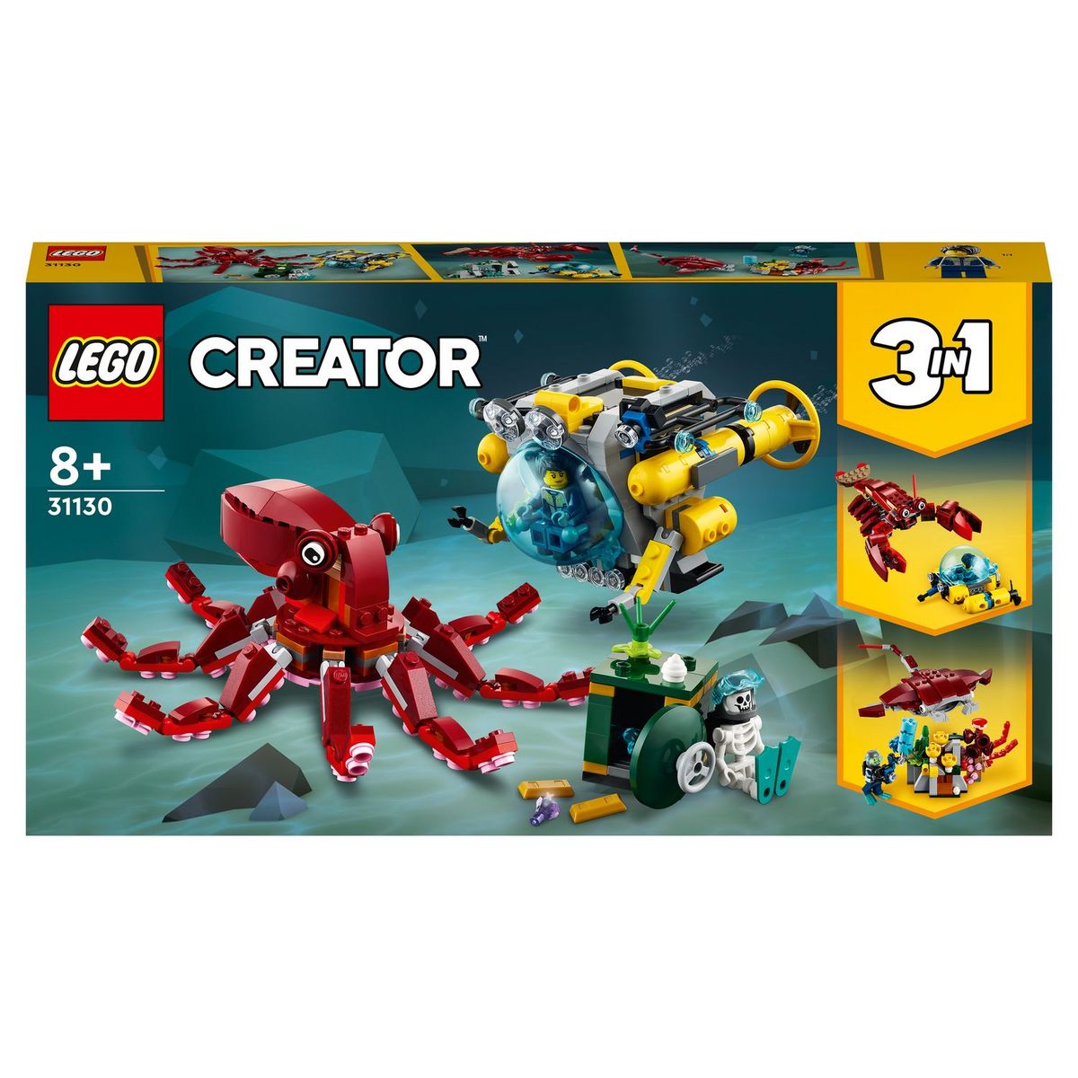 LEGO Creator 3 en 1 31130 La Mission du Trésor Englouti, Jouet d'Exploration Sous-Marine