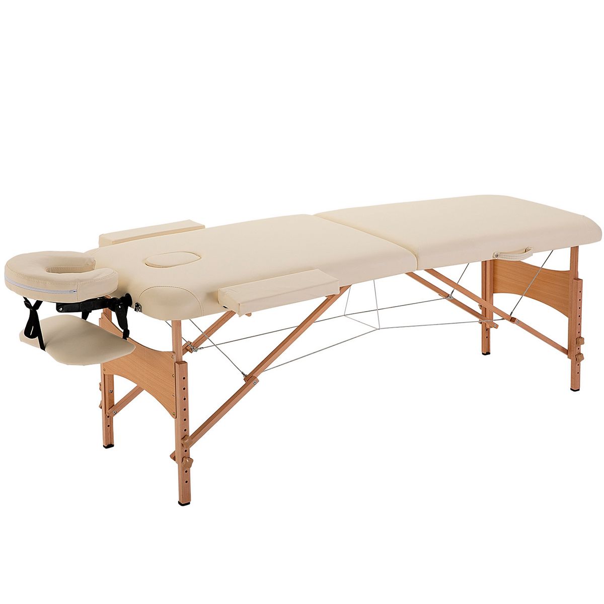 HOMCOM Table de massage pliante lit table de beauté 2 zones portable sac de tranport inclus hauteur réglable dim. 182L x 60l x 61-87H cm bois massif revêtement synthétique crème