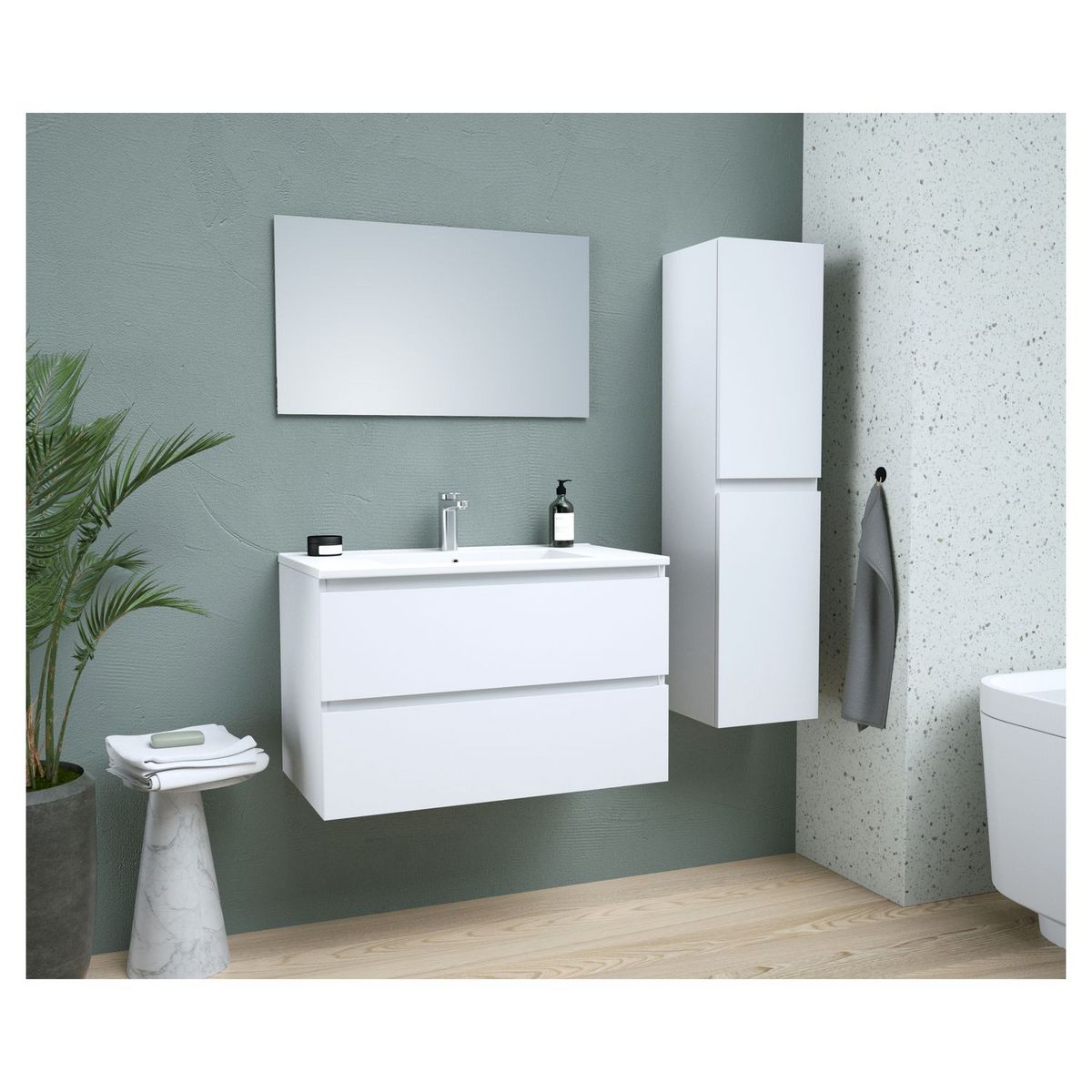 Ensemble meuble de salle de bain bloc 2 tiroirs avec vasque encastrée et miroir L80 cm + Colonne