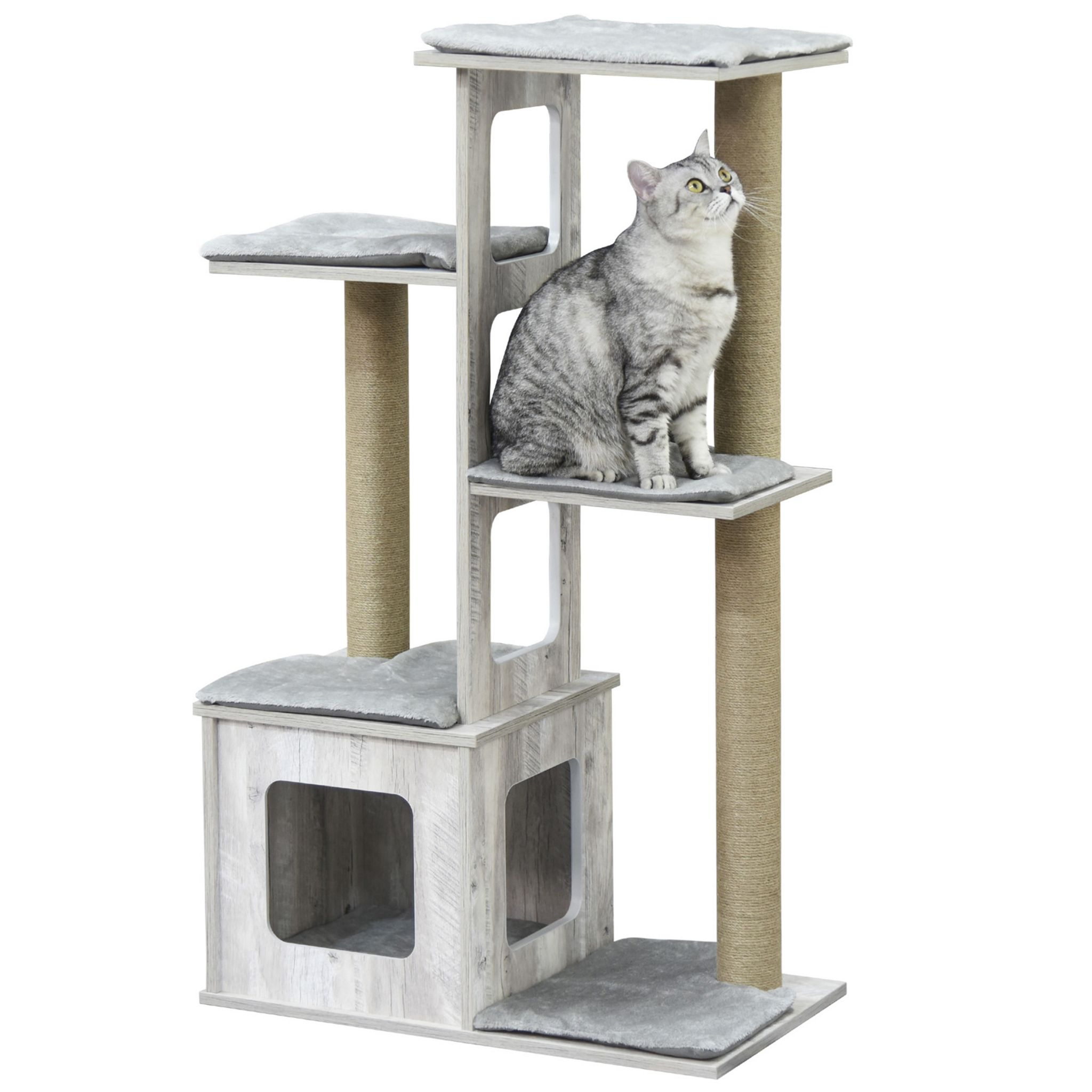 PAWHUT Arbre à chats design contemporain griffoirs grattoirs sisal naturel  niche plate-formes 6 coussins MDF bois gris pas cher 