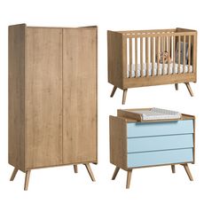 Chambre complète lit bébé 60x120 - commode à langer - armoire 2 portes Vintage - Bois Bleu