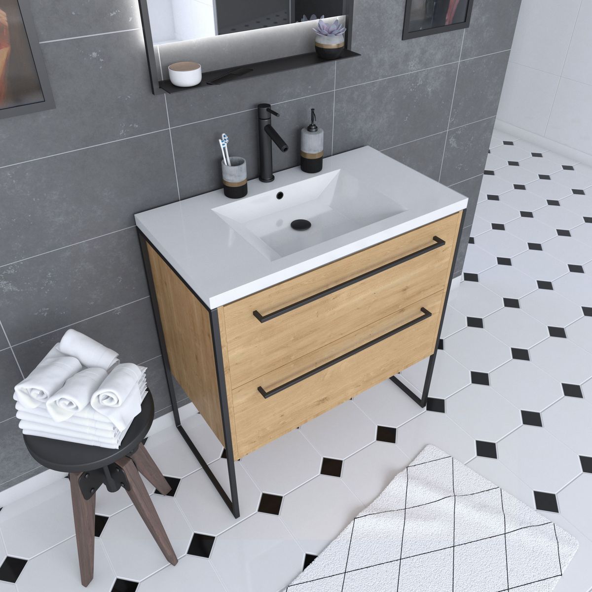 Aurlane Meuble de salle de bain 80x50cm - vasque blanche 80x50cm - 2 tiroirs finition chêne naturel
