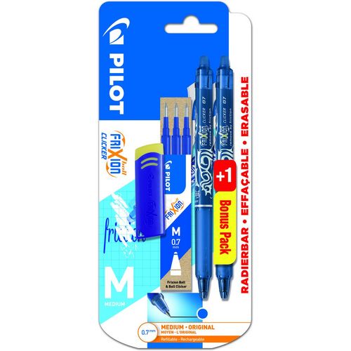 Lot de 2 stylos bille effaçable pointe moyenne FriXion Clicker bleu + 3 recharges + gomme