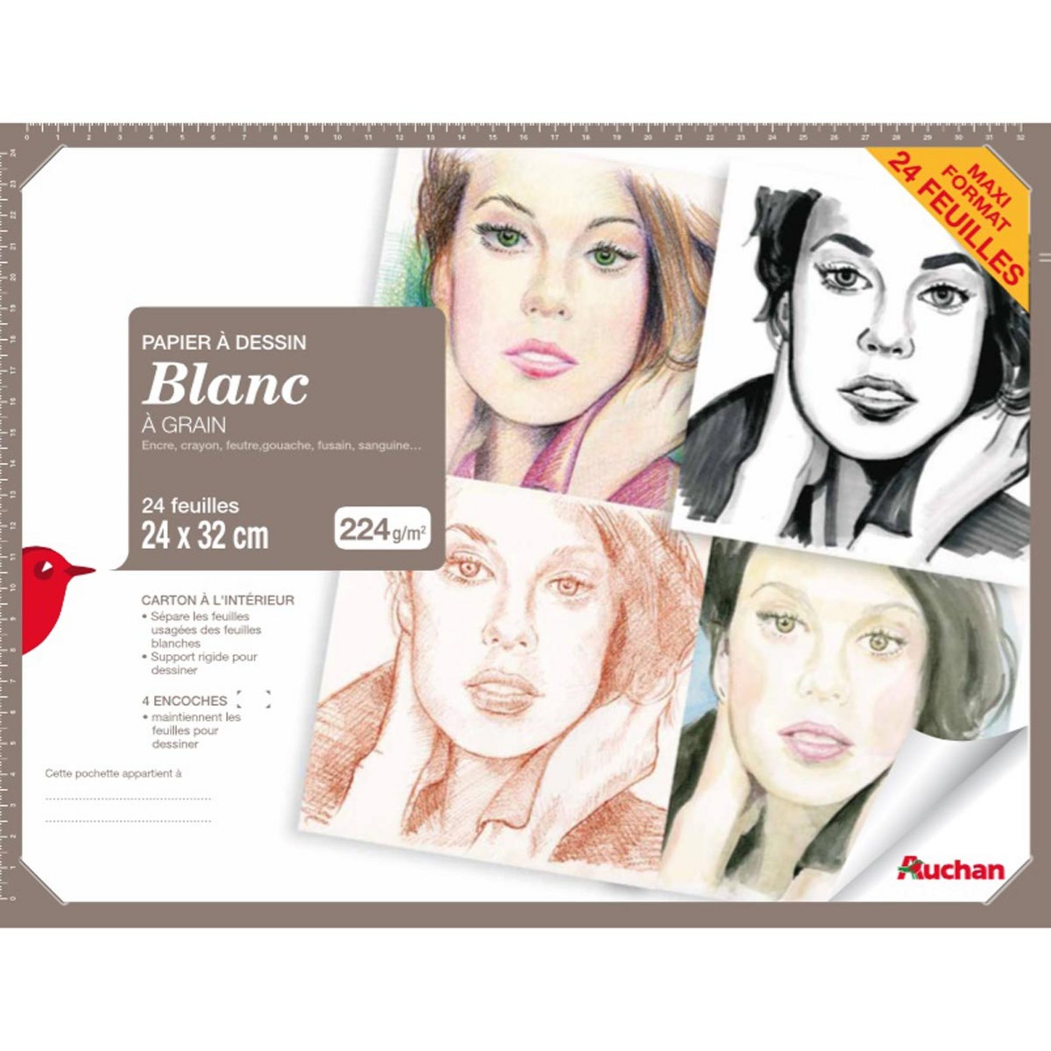 AUCHAN Maxi pochette de papier à dessin blanc à grain 24 feuilles 24x32cm  180g/m2 pas cher 