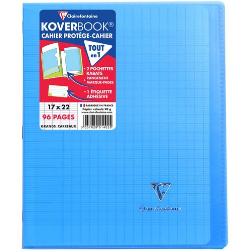 Cahier piqué polypro Koverbook 17x22cm 96 pages grands carreaux Seyes bleu transparent