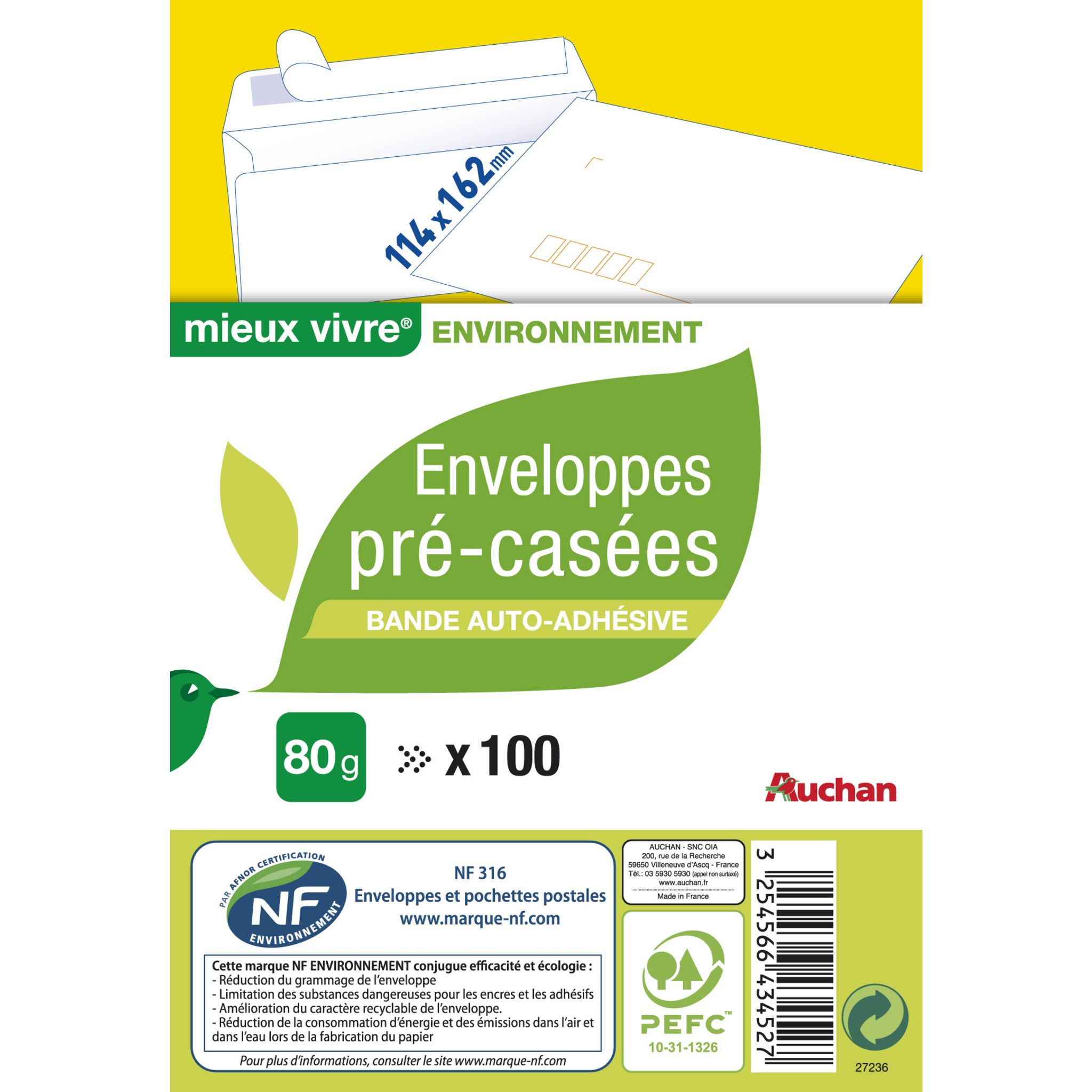 AUCHAN Lot de 100 enveloppes 11x22cm 100 pièces pas cher 