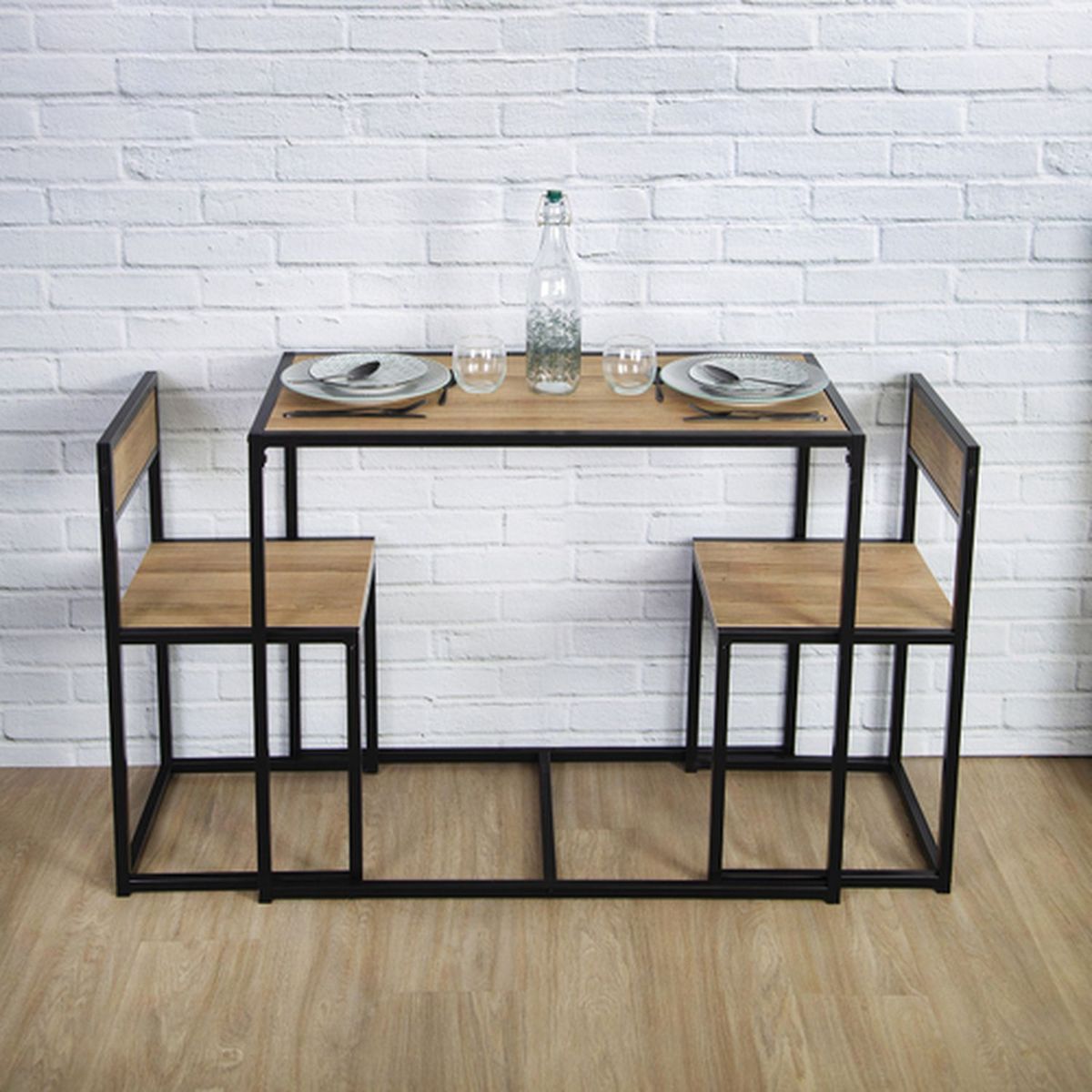 The Home Deco Factory Ensemble table et 2 chaises en MDF et Métal - Noir et Beige