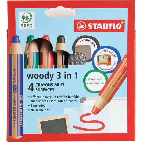 Lot de 4 Woody 3 en 1 + taille-crayon + chiffonnette