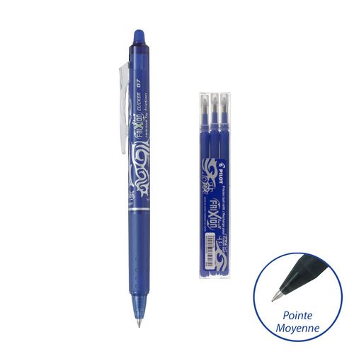 Lot 1 stylo effaçable pointe moyenne bleu FriXion Ball Clicker + 3 recharges effaçables bleues FriXi
