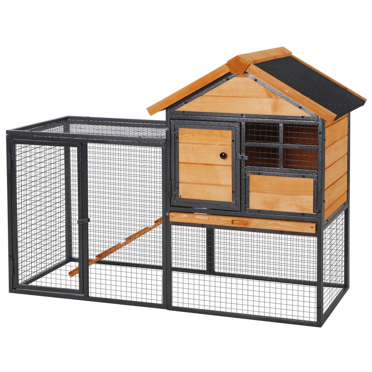 PAWHUT Clapier cage à lapins cottage - niche supérieure avec rampe et  enclos extérieur - plateau excrément, fenêtre, 2 portes verrouillables -  métal époxy pin pré-huilé pas cher 