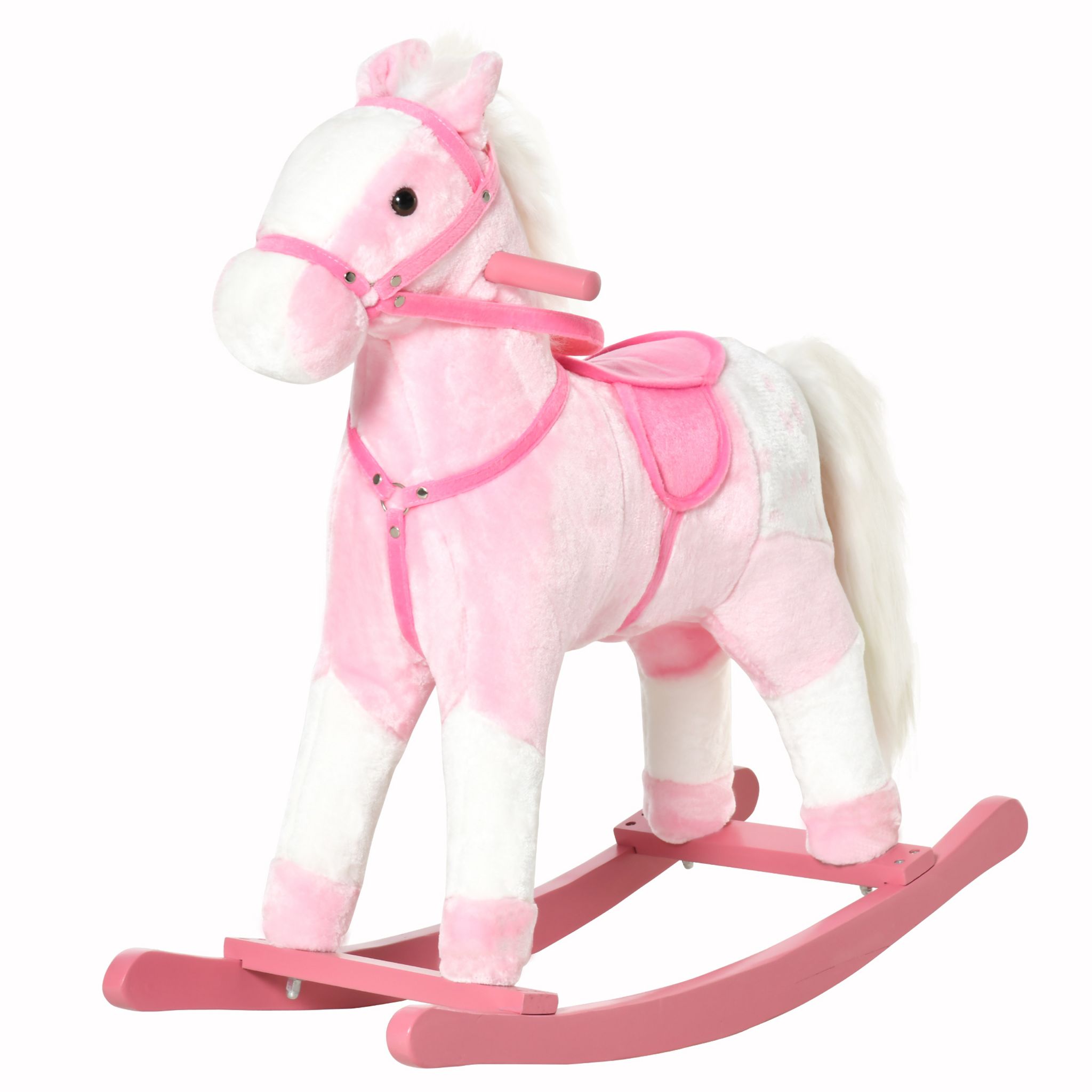 Cheval debout peluche sonores hennissement galop selle étrier marron